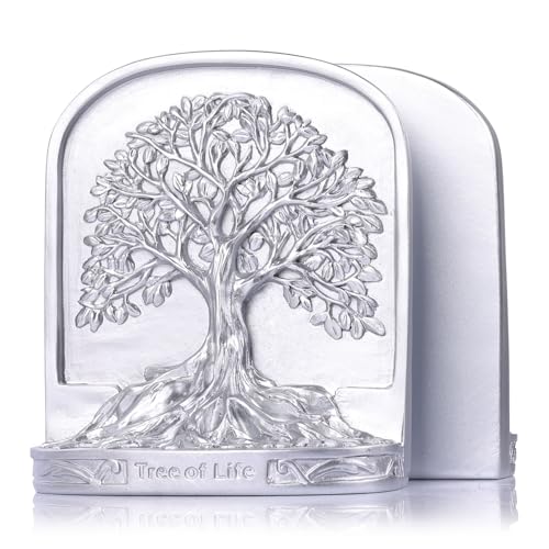 Silver Tree of Life Bookends Set, 2 Decorative Bookends for Shelves or Bookcase, Non-Skid Heavy Bookends for Desktop Shelf Decor, Library Office Decor, Home Décor Gift