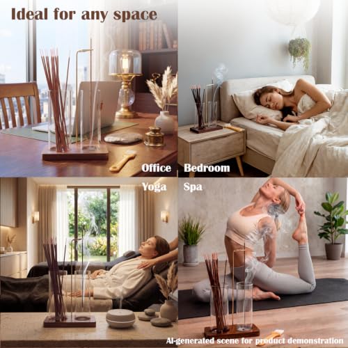 2 in 1 Anti-Ash Incense Holder for Sticks, Upside Down Hanging Incense Burner with Removable Glass Ash Catcher and Wooden Base, Modern Vertical Zen Decor for Home Office Yoga Meditation Room
