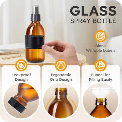 Tecohouse 8.8 oz Amber Glass Spray Bottles 3 Pack Empty Spray Bottle | Leakproof, Thick Glass, Non-Slip Base, Glass Bottles for Cleaning Solutions, Plants, Hair with Durable Nozzle, Labels, Funnel