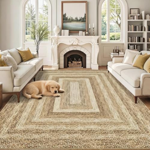 Garvee 9x12 Washable Rugs for Living Room Modern Braided Print Rug, Jute | Bedroom Stain Resistant Easy Cleaning Non Slip Floor Cover for Bedroom Dining Room Office Nursery - color: Jute, size: 9' x 12' (Rectangular)