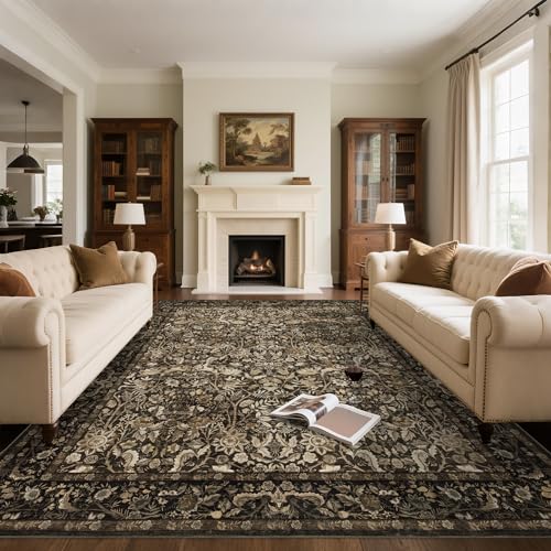 Vintage Floral Area Rug 8x10: Soft Washable Brown Carpet Living Room | Oriental Style Perfect for Sofa Area Bedroom Study Non-slip Stain Resistant Easy to Clean Low-Pile 0.2in Fits under Furniture - color: Brown and Gold, size: 8' x 10' (Rectangular)