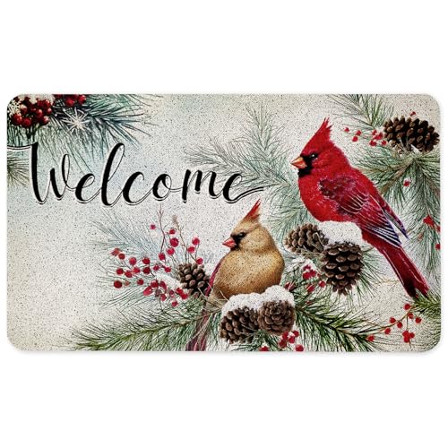 Winter Cardinal Christmas Welcome Mat, Rustic Christmas Tree Red Cardinal Doormat for Front Door Indoor Outdoor Entrance Porch, Snowy Xmas Door Mat Outside, Winter Bath Mats, 17x30 Inches - color: Winter Cardinal