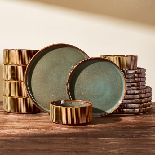 Ceramic Plates & Bowls Sets for 6, Handmade Reactive Glaze | Green Brown, 18-Piece Stoneware Dinnerware, Everyday Use, Microwave & Dishwasher Safe, Chip & Scratch Resistant Ribbed Dishes - color: Moss Green & Brown, size: Service for 6 (18pc)