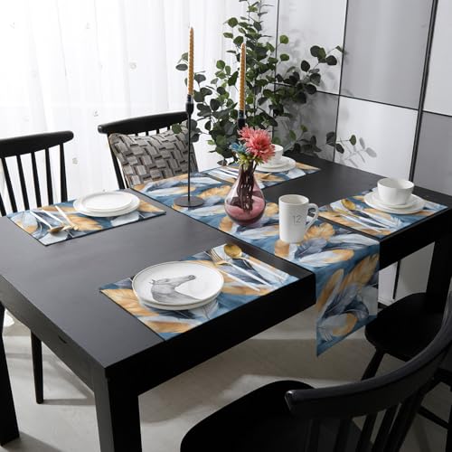 Table Runner and Placemats Set of 6 Gold White Feathers Decorative Dining Table Runner with Matching Placemats Blue Painting Table Decor for Kitchen Dining Room and Everyday Use 13x90in - size: 13"x90"+6pcs