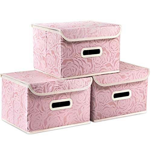 Collapsible Storage Boxes with Lids Fabric Decorative Storage Bins Cubes Organizer Containers Baskets with Cover Handles Divider for Bedroom Closet Living Room 9.8x7.9x6.7 Inch 3 Pack - color: Pink, size: Small(3-Pack)