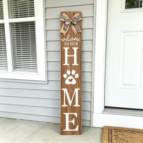 Welcome to Our Home Front Door Sign, 47"X8" Wood Rustic Outdoor Front Porch Standing Paw Print Decor Outside All Season Farmhouse for Vertical Yard Patio Entranc Hanging (Wood） - color: Welcome to Our Home(Natural), size: 47"L x 8"W