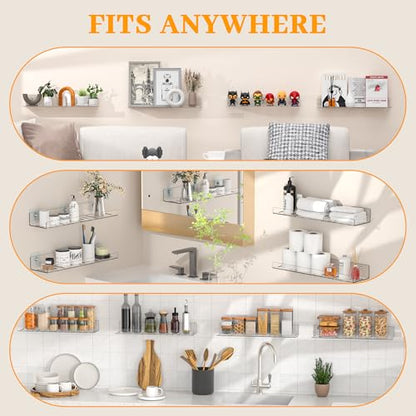 LAZYROSY 6 Pack Floating Shelves - Clear Acrylic/PET Wall Mounted Non-Drilling Storage Rack with Adhesive, Invisible Bathroom and Bedroom Shelves for Kitchen, Living Room, Clear Decoration - size: 6-Piece Set