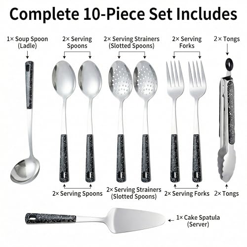 Stainless Steel Metal Serving Utensils Set | of Serving Spoons,Slotted Spoons,and Serving Tongs,serving fork,cake server,for Buffet,Soup,Rice,Commercial & Home Kitchen - color: 10 pack Serving Sets