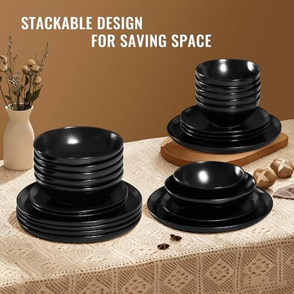 Herogo Stoneware Dinnerware Sets for 8, 24 Piece Ceramic Dinner Dishes Set, Irregular Handmade Plates and Bowls Dishware, Crack and Scratch Resistant, Reactive Glaze, Matte Black - color: Matte Black, size: 8 Set (24pcs)