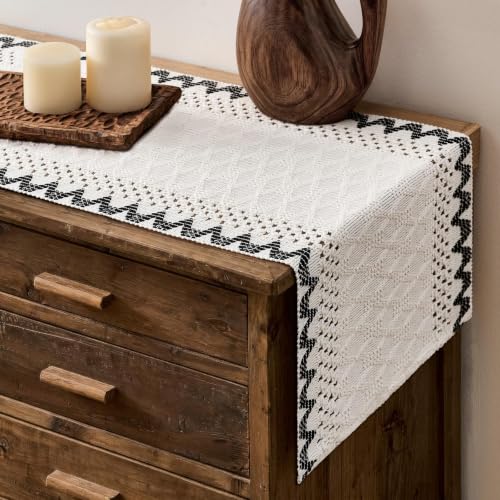 Macrame Side Trim Boho Woven Table Runner, Black 12x36 Inch | Crochet Hollow Table Runners 36 Inch Long, Handmade Feel Ivory Cotton Base with Striped Trim, Farmhouse Kitchen Home Decor - color: Black, size: 12"x36"