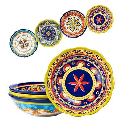 UNICASA Ceramic Pasta Bowls Set, 27 oz Cereal Bowls Set of 4, Porcelain Colorful Bowls for Salad, Soup, Noodle, Boho Style, Dishwasher & Microwave Safe
