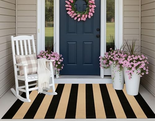 3'x5' Black & Tan Outdoor Rug - Washable Farmhouse Front Door Mat | Hand-Woven Cotton Area Rug for Porch, Entryway, Laundry Room & Patio Decor - color: Black Tan, size: 3' x 5' (Rectangular)