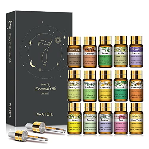 PHATOIL Essential Oils Gift Set, Aromatherapy Oil for Diffuser, Skin Care | 100% Natural and Pure, Ideal for Massage, Humidifier, Home, DIY Candle Soap Making, 15 x 5ml