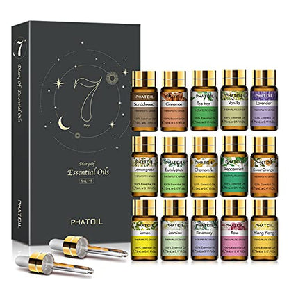 PHATOIL Essential Oils Gift Set, Aromatherapy Oil for Diffuser, Skin Care | 100% Natural and Pure, Ideal for Massage, Humidifier, Home, DIY Candle Soap Making, 15 x 5ml