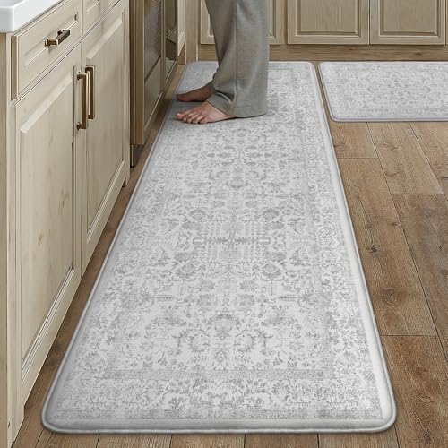 Kitchen Mats 2PCS Anti Fatigue Cushioned Mat Gray Vintage Kitchen Mats for Floor Waterproof Non Slip Comfort Standing Grey Retro Floral Rug for Sink Laundry Office 17.3"x59"+17.3"x30" - color: Accent | Grey, size: 17.3"x59"+17.3"x30"--0.4inch