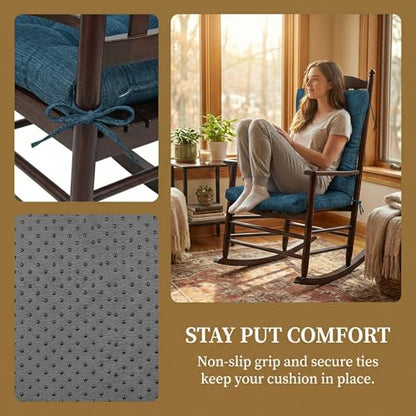 baibu Patented Dual-Layer Rocking Chair Cushion Set, 19.5 x 19.5 in, Blue | Two-piece memory foam seat and back cushion set with secure ties and a non-slip bottom for indoor rocking chairs. - color: Blue
