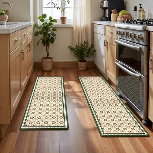 Vintage Floral Tile Kitchen Rug Sets of 2, Geometric Non Slip Mat for Floor | Thick Cushioned Anti-Fatigue Decor Runner Rug, PVC Soft Comfort Waterproof Standing Mat for Sink Laundry Front & Indoor Doors - color: Spring Pink Begonia, size: 18"x30"+18"x48"