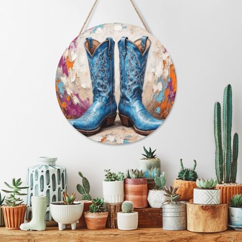 Door Sign Round Wooden Hanging Plaque With Rope Blue Cowboy Boots Impasto Art 12 X 12 Inch Rustic Welcome Wall Decor For Porch Entryway Farmhouse Home