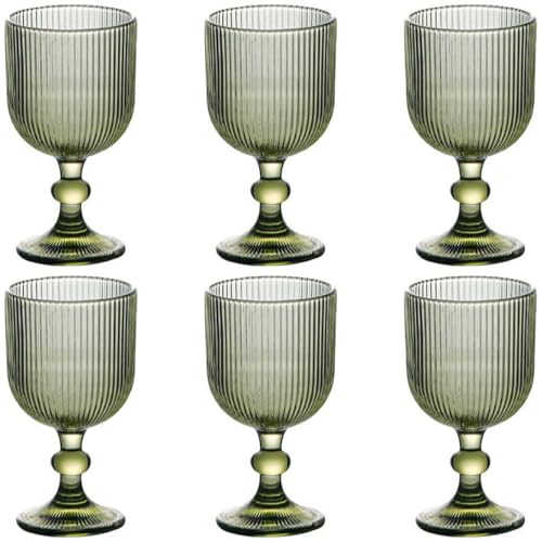 Taganov Green Drinking Glasses set of 6 Big Wine Goblets Vintage Colored Glassware 13 oz for Wedding Party Bar Vertical Line Embossed Pattern Stemmed Cups 400ml - color: Green