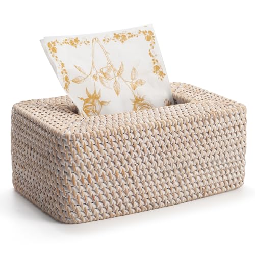 Rattan Tissue Box Cover, Rectangular Wicker Tissue Box Holder, Decorative Woven Facial Tissue Holder for Bathroom, Kitchen, Living Room, Bedroom (Whitewash) - color: Whitewash