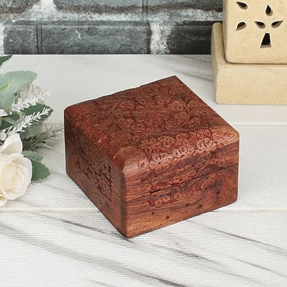 Ajuny Wooden Hand Carved Jewelry Box Keepsake Treasure Chest Organizer | Decorative Wood Trinket Holder for Jewelry Keepsakes and Small Accessories Handcrafted Gift for Men Women and Travelers