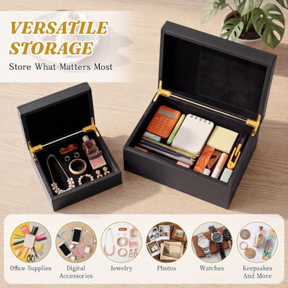 2 Pack Faux Leather Decorative Keepsake Box Large and Medium Wooden Storage Box with Magnetic Lid Jewelry Accessory Organizer Black Multi Functional Storage Container for Home and Office