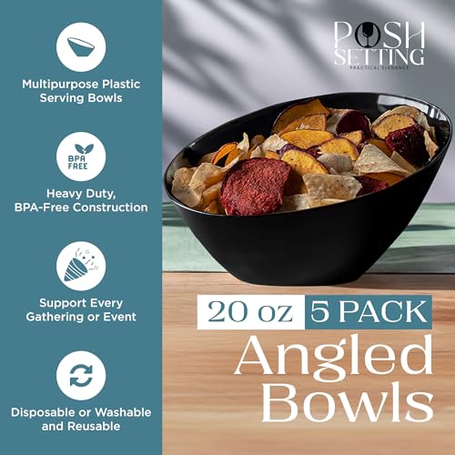 5 Pack Black Angled Plastic Serving Bowl Disposable for Party Table 20oz | Angled Bowl Design. Chip, Candy, Salad & Fruit Use. Disposable Party Tableware. Buffet & Wedding Serving. Black Plastic. - color: Black, size: Medium 20 OZ