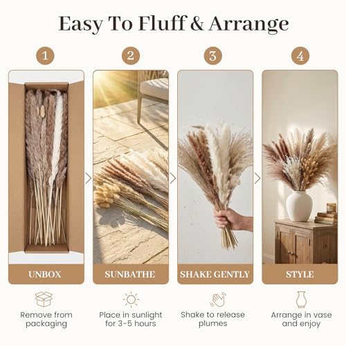 450PCS Natural Dried Pampas Grass Decor | Boho Farmhouse Wedding Centerpieces, Home Vase Fillers, Bunny Tails, Dried Flower Arrangement