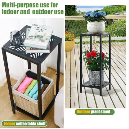 Party Zealot 2 Packs of 2-Tier Tall Metal Square Plant Stand 31” Heavy-Duty Modern Flower Pot Rack for Indoor Living Room, Corner Side Table for Outdoor Patio, Garden Planter Holder, Black, Leaf - style: Leaf - 2 pack