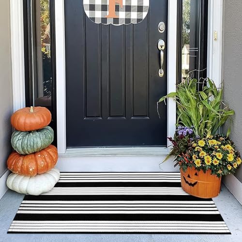 Black and White Outdoor Rug 24"x51" Fall Front Door Mat Porch Rugs | Washable Striped Rug Front Door Mat Outside Entrance Welcome Mats Entry Rug Cotton Woven Indoor Area Rugs for Entryway Decor - color: Black/White Stripe, size: 2' x 4'4" (Rectangular)