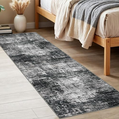 KILOCOCO Abstract Runner Rug 2x6 ft Washable Hallway Runner, Black/Grey | Machine Washable Kitchen Runner, Non Slip Entryway Runner, Printed Carpet Runners, Abstract Floor Runners, Soft Bedside Rug - color: Black/Grey, size: 2' x 6' (Runner)
