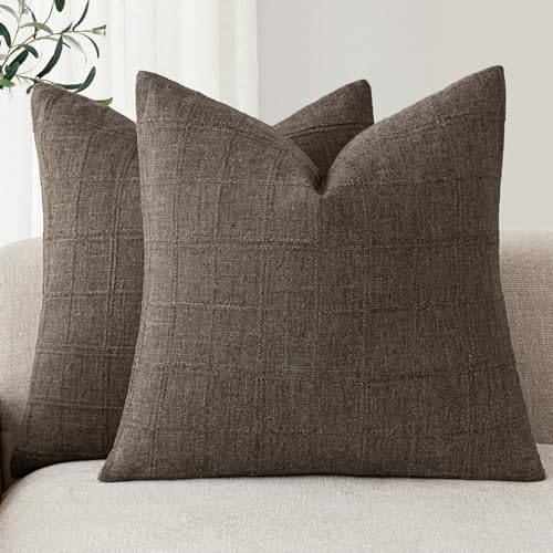 Foindtower Set of 2 Decorative Linen Check Throw Pillow Covers Neutral Farmhouse Vintage Cushion Covers Modern Boho Home Decor for Sofa Chair Couch Bedroom Living Room,16×16 Inch,Dark Brown - color: Dark Brown, size: 16" x 16" (Pack of 2)
