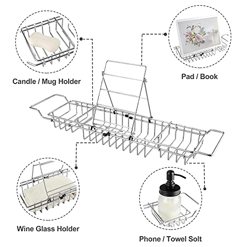 HOMEE Stainless Steel Shower Caddy Tray with Removable Book Holder Silver | European Style Extendable Rectangular Bathroom Tray for Shower Bath Phone IPad Book Holder Candleholder Table Shelf