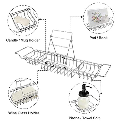 HOMEE Stainless Steel Shower Caddy Tray with Removable Book Holder Silver | European Style Extendable Rectangular Bathroom Tray for Shower Bath Phone IPad Book Holder Candleholder Table Shelf