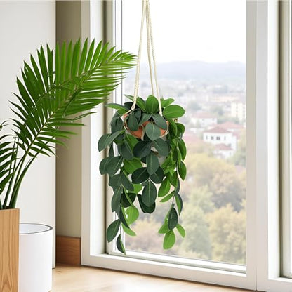 Hanging Plants Artificial Decor, Fake Hanging Plant in Clay Pot Artificial Hanging Plants with Fake Leaves and Hook for Wall Home Room Indoor Outdoor Décor (Dark Green)