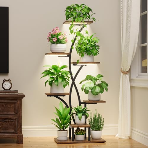 MJOMKN 47" Corner Plant Stand Indoor with Grow Lights, 7 Tiered | Metal Flower Display Holder, Flower-Shaped Plant Rack, For Multiple Plants, For Living Room, Patio