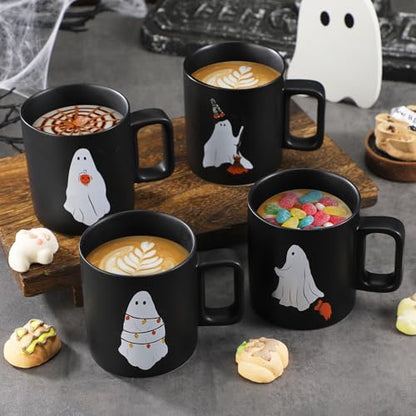 Halloween Mugs Mixed Set of 4, Scary Squad Stoneware Mugs 12 oz Ceramic Ghost Coffee Cup Black Drinking Cup Ghost Designs for Coffee, Tea, Halloween Decor Gifts, 3.3 x 3.7 Inch