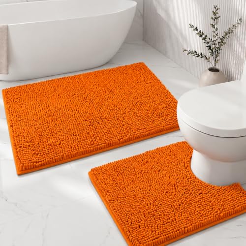 Bathroom Rugs Sets 2 Piece,Super Absorbent Soft,Thick,Machine Washable Chenille Bath Mat,Non Slip Toilet Floor Rug,Bath Mats for Bathroom,20x32 Plus 20x20 U Shape,Orange - color: Orange, size: 1'8" x 2'8" (20x32''+20x20''U shape)