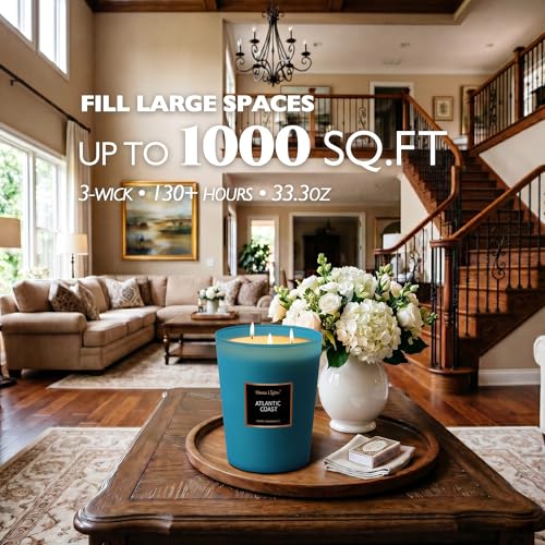HomeLights Scented Candle | Large Jar Candle - 33.3 Oz. Natural Soy Aromatherapy Candles | Up to 130 Hours Burn Time with 3 Cotton Wicks,Home Decorative Fragrance Candles Gift - Atlantic Coast - color: Atlantic Coast
