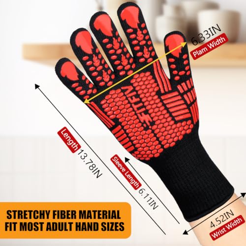BBQ Gloves, 1472°F Heat Resistant with Silicone Grip Oven Mitts | Non-Slip Grip, for BBQ, Grilling, Oven, Smoker, Cooking and Baking - color: Red, size: Long (Glove L 13.78" × Palm W 6.33")
