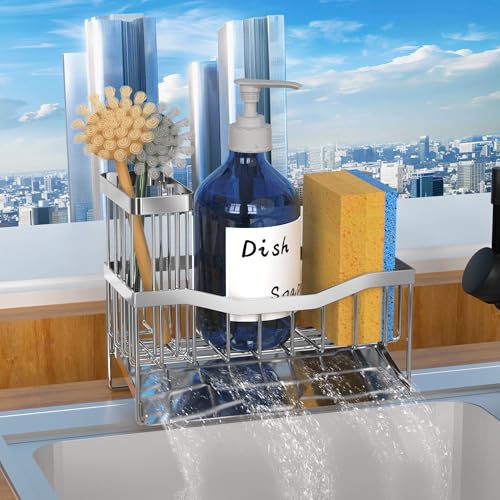 Fssvcd Maifan Sink Caddy Sponge Holder for Kitchen with Brush Holder and Stainless Steel Self Drain Tray, Rustproof Kitchen Sink Organizer for Sponge, Soap Dispenser Storage Accessories - color: Silver