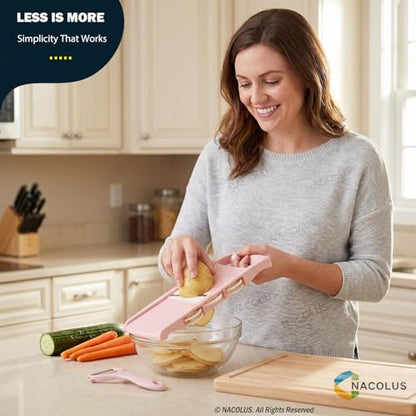 NACOLUS Mandoline Slicer for Kitchen Slicer Vegetable Cutter 5 In 1 Veggie Slicer Potato Slicer waffle fry cutter Hot Swap Mandolin with Peeler for Vegetables Carrot Shredder Cucumber Slicer - Pink | slicer vegetable cutter,hot-swap self-storage,efficient