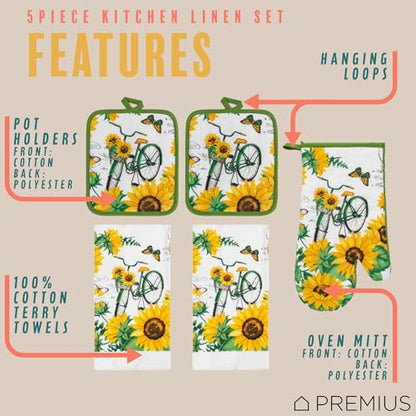 5 Piece Bicycle & Sunflowers Printed Kitchen Linen Set, 2 Cotton Towels,2 Potholders,1 Oven Mitt with Hanging Loop,100% Cotton Material on Front & Polyester Backing, Perfect for Kitchen - color: Bicycle & Sunflowers