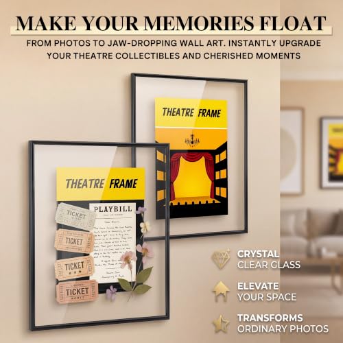 13x10'' Floating Picture Frame with Crystal Clear Glass, Modern Glass Floating Frame for theater bill, Photos, Artwork, Tickets & Pennants, Metal See Through Picture Frames for Wall Display
