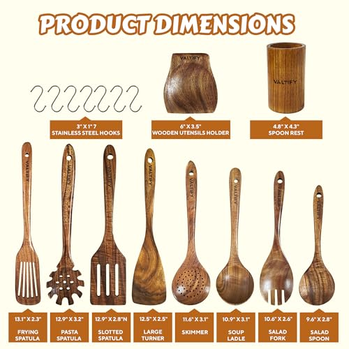 Kitchen Utensil Set | 17-Piece Wooden Cooking Utensils with Holder & Hooks | Teakwood Utensils Set for Cooking | Non Toxic Wooden Spoons | Spatulas & Kitchen Accessories