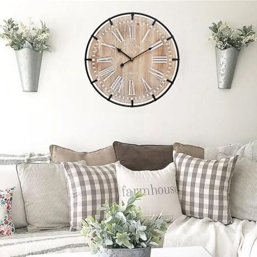 EMAX HOME 20 Inch Large Farmhouse Wall Clock, Rustic Antique Wood with Metal Circle and Large Engraved Numerals, Silent Battery Operated Wall Clock for Office Kitchen Bedroom Living Room - color: Brown, size: 20 Inch Roman numerals