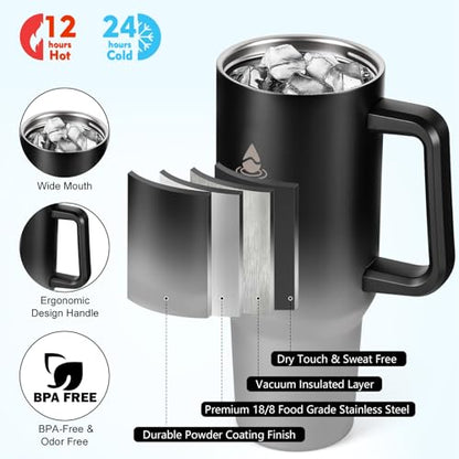 40 oz Tumbler with Handle and Straw or Convert to 40 oz Insulated Water Bottle Fits in Cup Holder. Stainless Steel Metal Water Flask with 2 Lids for Travel,Camping,Gym Sports Coffee Mug Thermal Cup - color: Shadow