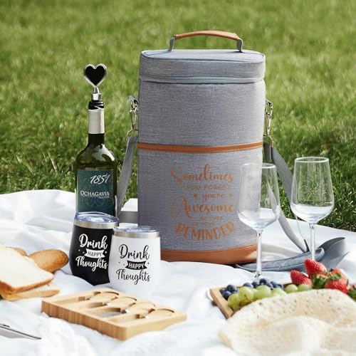 AW BRIDAL Birthday Gifts for Women Men, Drink Happy Thoughts Gift Basket for Housewarming and Beach Camping Travel, Insulated Wine Cooler Bag with Tumbler Mugs and Accessorie Set for Wine Lover Friend - style: Drink happy thoughts