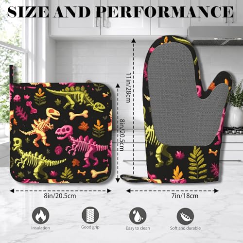 Dinosaur Skeleton Oven Mitts and Pot Holders Sets Non-Slip Silicone Surface for BBQ Gloves,Kitchen,Cooking,Baking,Grilling - color: Dinosaur Skeleton