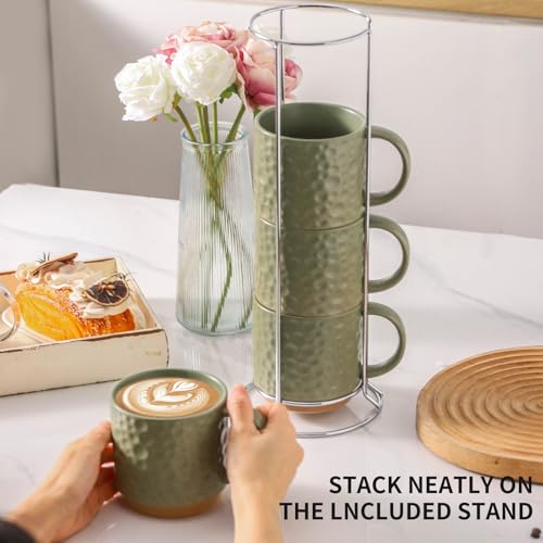 Nihow 16 Oz Ceramic Coffee Mug Set of 4 with Stackable Stand,Matte Green | Stackable, Stainless Stand Included, Cappuccino & Tea, Hot/Cold Drinks, Dishwasher & Microwave Safe - color: Matte Green, size: 16 oz With Stand